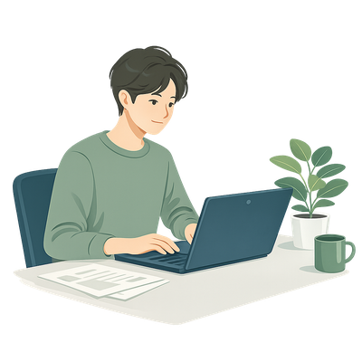 自宅でパソコンに向かって訓練する人のイラスト