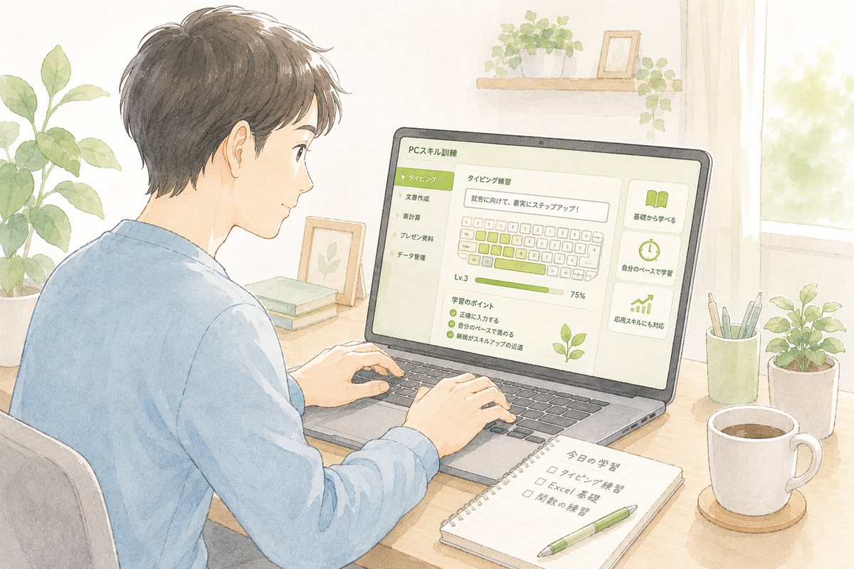 PCでスキル訓練システムを操作する男性のイラスト