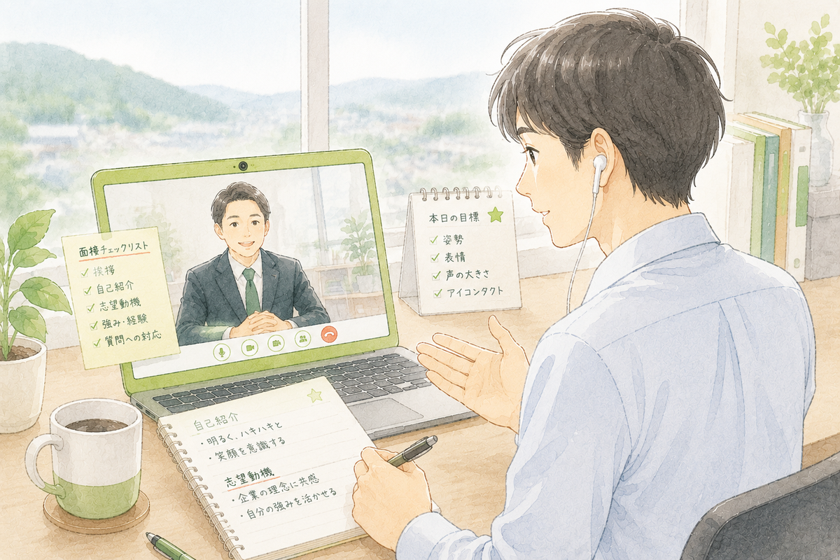 ビデオ通話でオンライン面接に対応する男性のイラスト