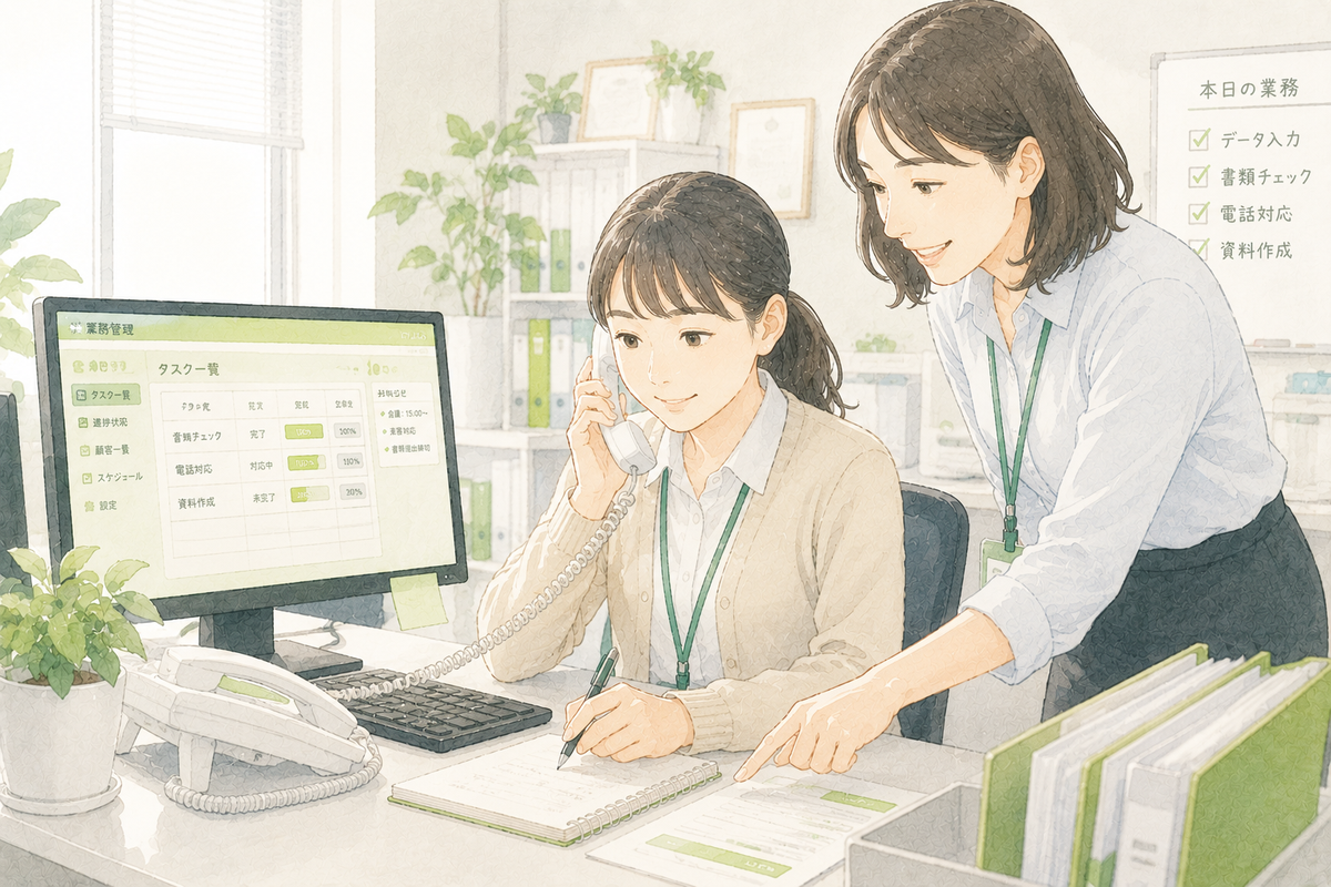 スタッフのサポートを受けながら実習を行う女性のイラスト