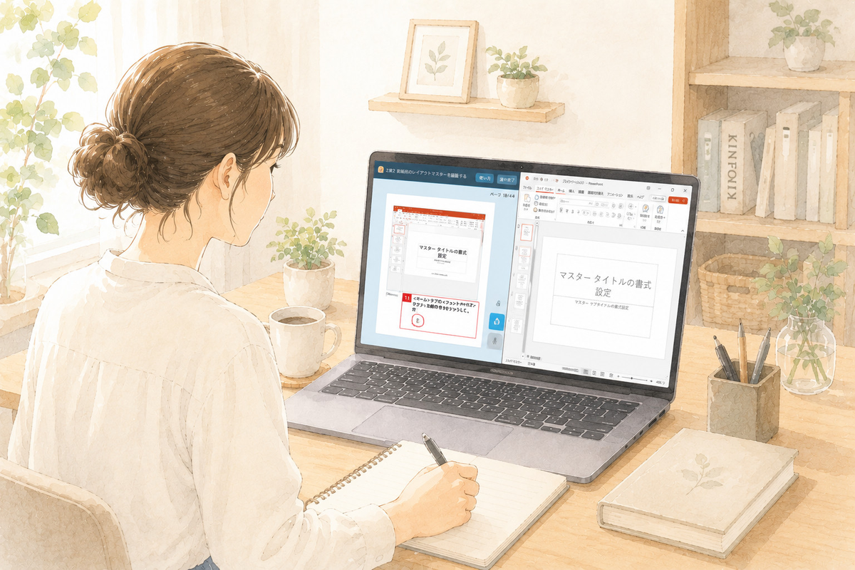 PowerPointを使ったeラーニング講座を受講する女性のイラスト