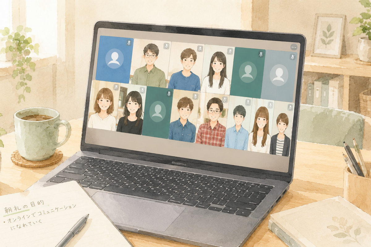 オンライン朝礼でビデオ通話に参加するメンバーのイラスト