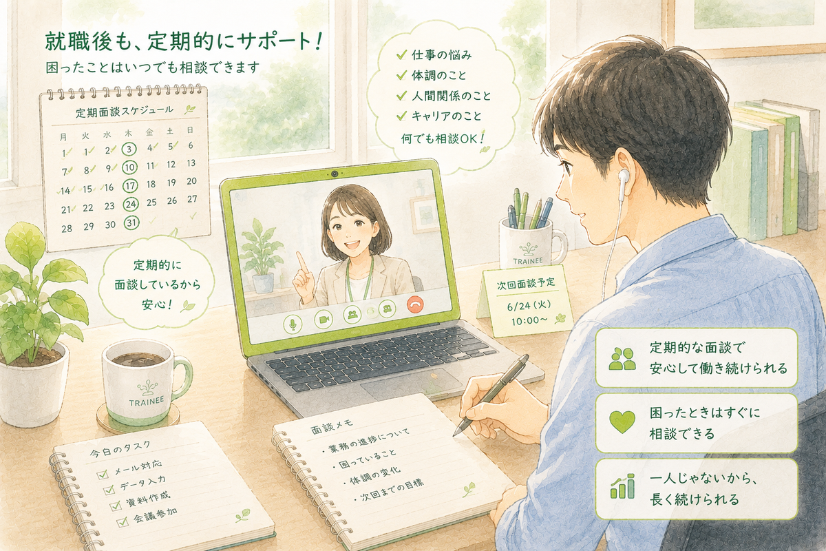 オンラインで定期面談を行う利用者とスタッフのイラスト