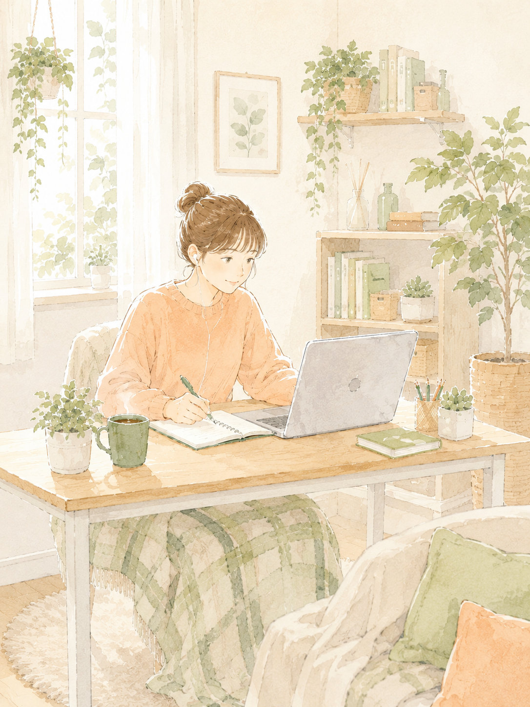 自宅のリビングで、ノートパソコンを見ながら手帳に書き込む女性。窓から日が差し込み、観葉植物に囲まれた明るい部屋でくつろいだ様子で在宅訓練を受けている