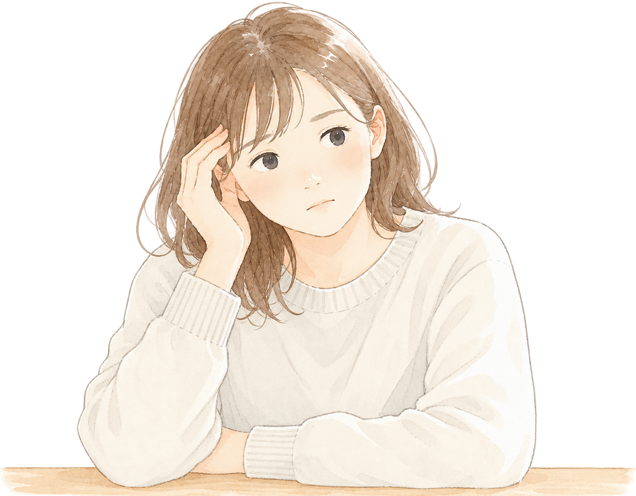 自宅の机で頬杖をつき、考え込む様子の女性のイラスト。かたわらに観葉植物が置かれている