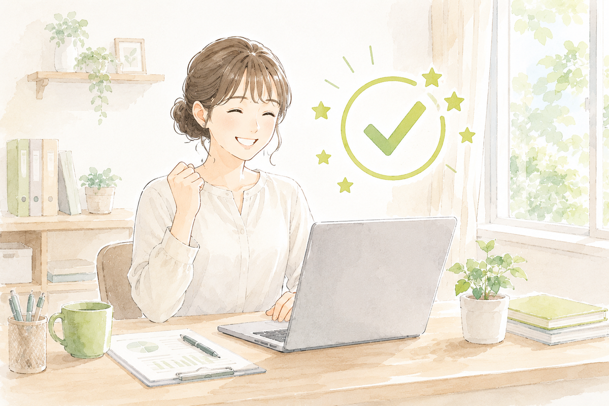ガッツポーズをしながらオンラインで作業をする女性のイラスト