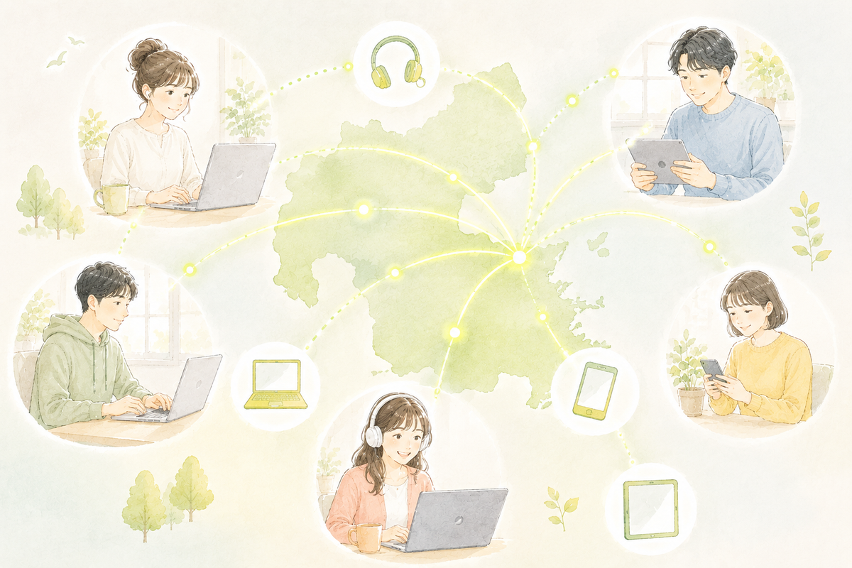大分県の地図を囲んでデバイスを使う複数人のイラスト