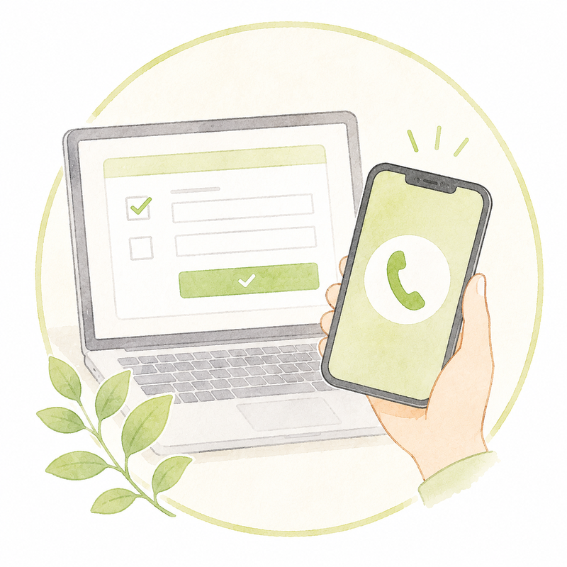 スマートフォンで電話をかける手と、Webフォームが表示されたノートパソコンのイラスト