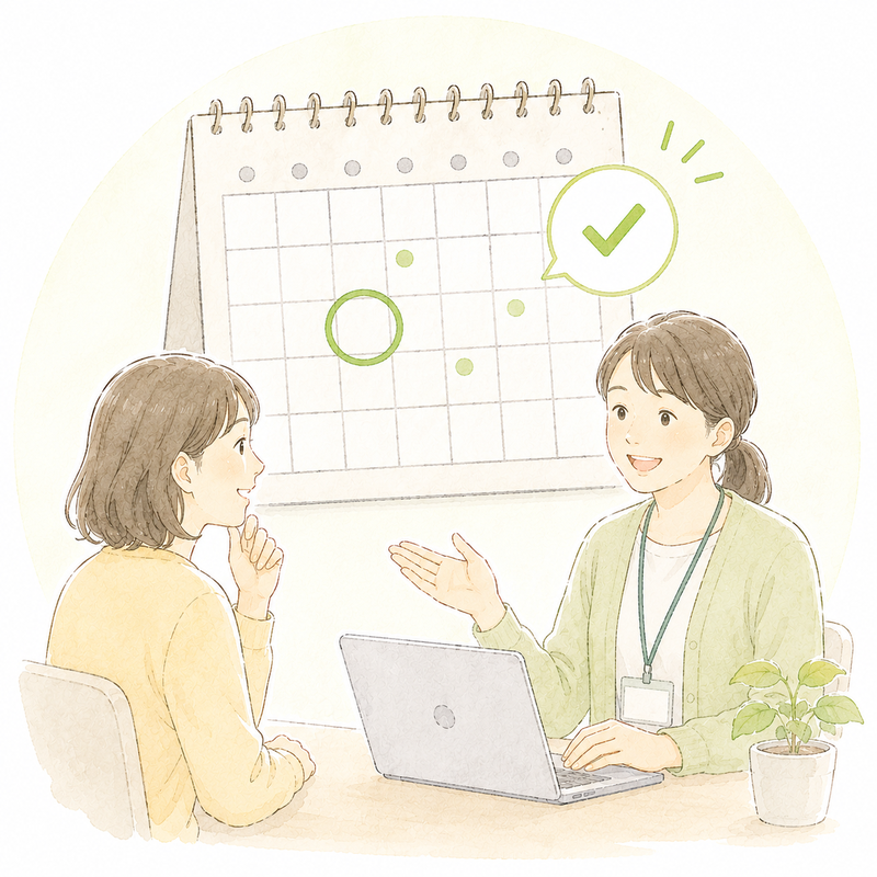 カレンダーを見ながらスタッフと日程を相談する利用者のイラスト