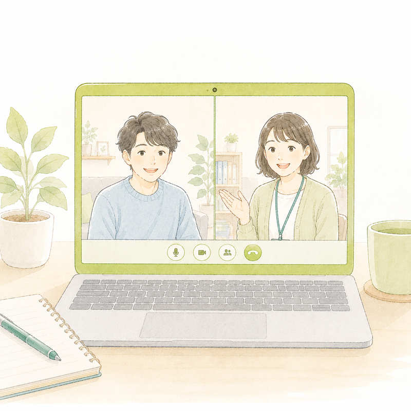 ノートパソコンでビデオ通話をする利用者とスタッフのイラスト